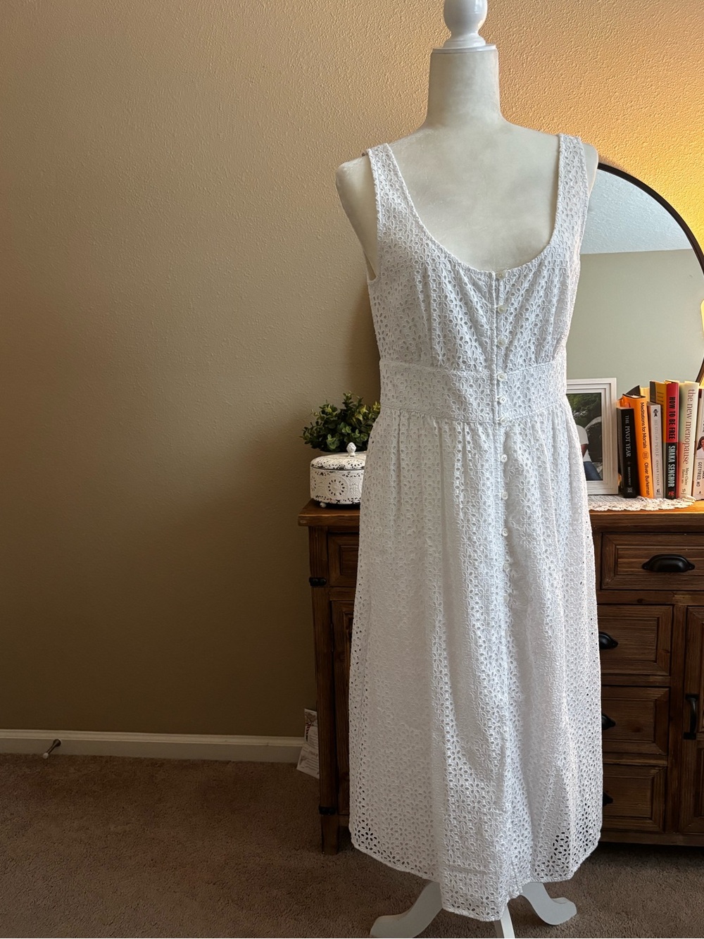 J. Crew White Eyelet Midi Dress with Button Front